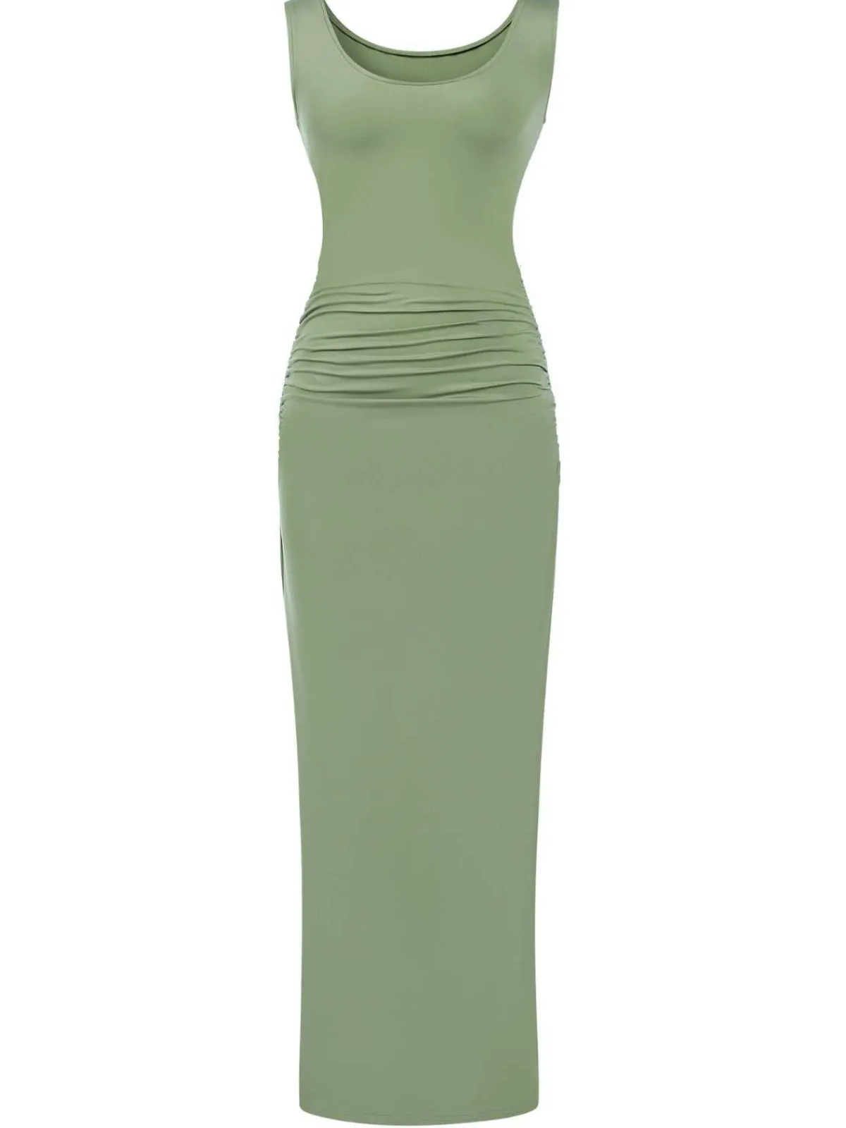 New Retro Stage 1930s Solid Square Neck Split Ruched Dress