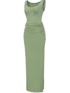 New Retro Stage 1930s Solid Square Neck Split Ruched Dress