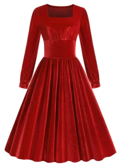 Best Retro Stage 1950s Solid Square Neck Velvet Dress