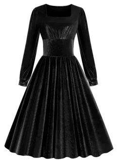Best Retro Stage 1950s Solid Square Neck Velvet Dress