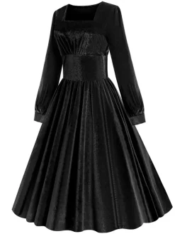 Best Retro Stage 1950s Solid Square Neck Velvet Dress