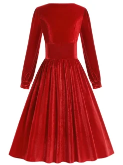 Best Retro Stage 1950s Solid Square Neck Velvet Dress