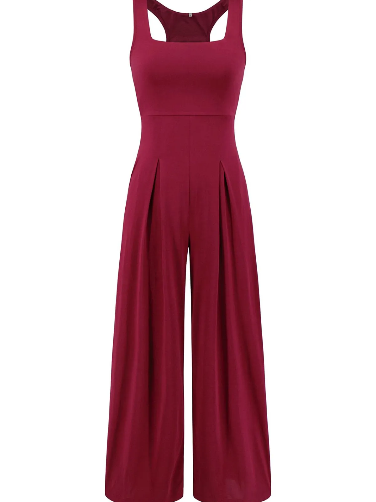 Online Retro Stage 1950s Solid Square Neck Wide Strap Jumpsuit Deep Red