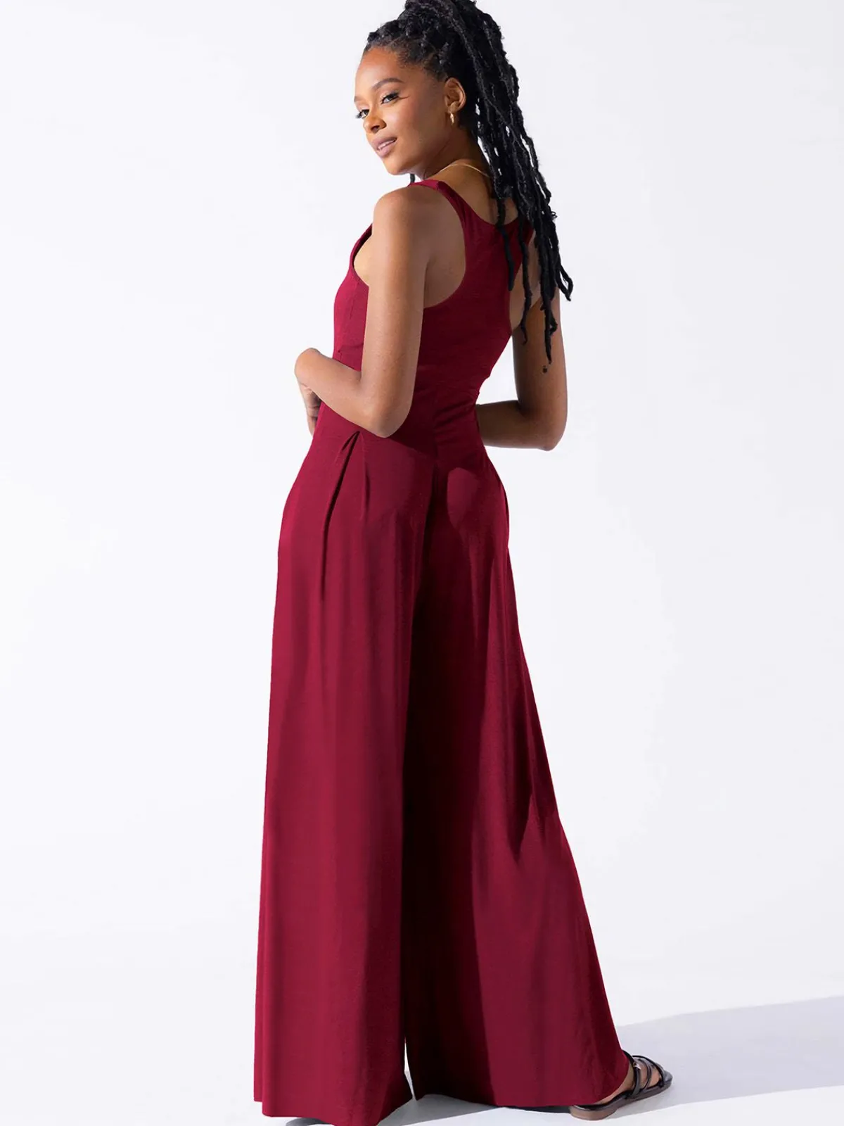 Online Retro Stage 1950s Solid Square Neck Wide Strap Jumpsuit Deep Red