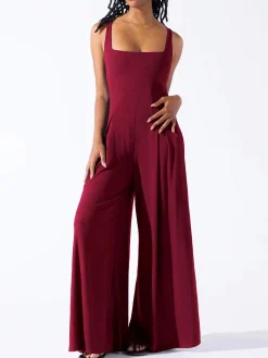 Online Retro Stage 1950s Solid Square Neck Wide Strap Jumpsuit Deep Red