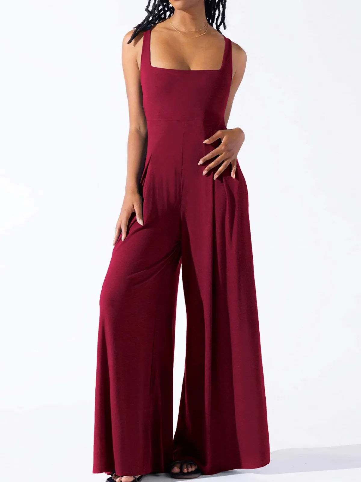 Online Retro Stage 1950s Solid Square Neck Wide Strap Jumpsuit Deep Red