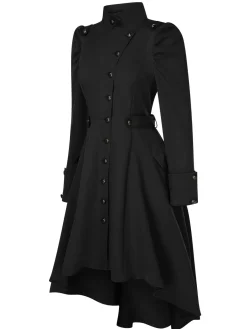 Online Retro Stage 1950s Solid Stand Collar Button Coat