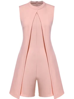 Best Retro Stage 1960s Solid Stand Collar Sleeveless Romper