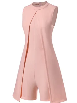 Best Retro Stage 1960s Solid Stand Collar Sleeveless Romper