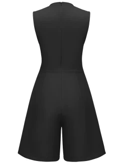Best Retro Stage 1960s Solid Stand Collar Sleeveless Romper