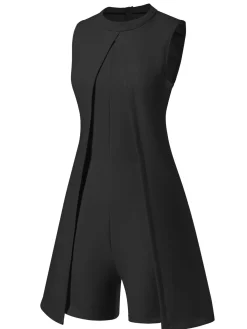 Best Retro Stage 1960s Solid Stand Collar Sleeveless Romper