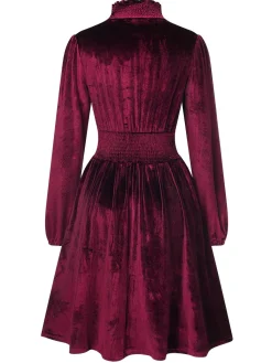New Retro Stage 1940s Solid Stand Collar Velvet Dress