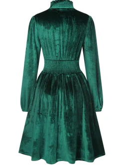 New Retro Stage 1940s Solid Stand Collar Velvet Dress