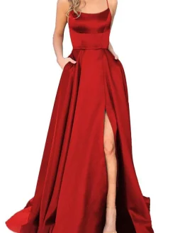 Sale Retro Stage 1930s Solid Strap Long Slit Maxi Dress