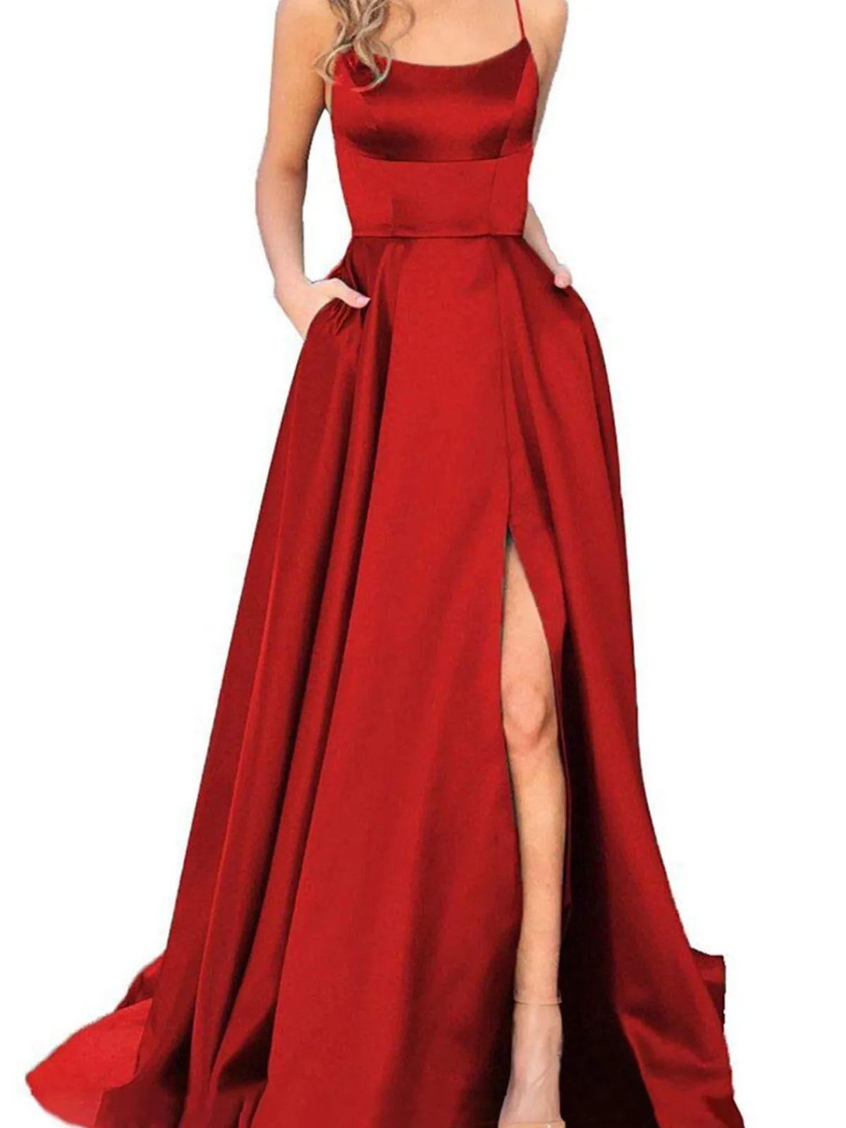 Sale Retro Stage 1930s Solid Strap Long Slit Maxi Dress