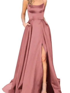Sale Retro Stage 1930s Solid Strap Long Slit Maxi Dress
