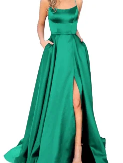 Sale Retro Stage 1930s Solid Strap Long Slit Maxi Dress