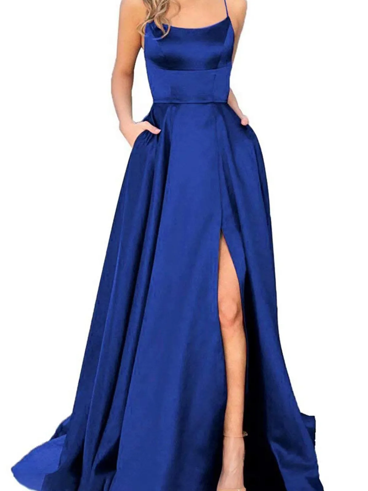 Sale Retro Stage 1930s Solid Strap Long Slit Maxi Dress