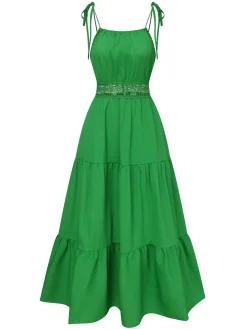 Online Retro Stage 1970s Solid Straps Ruffles Patchwork Dress
