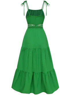 Online Retro Stage 1970s Solid Straps Ruffles Patchwork Dress