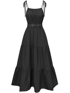 Online Retro Stage 1970s Solid Straps Ruffles Patchwork Dress