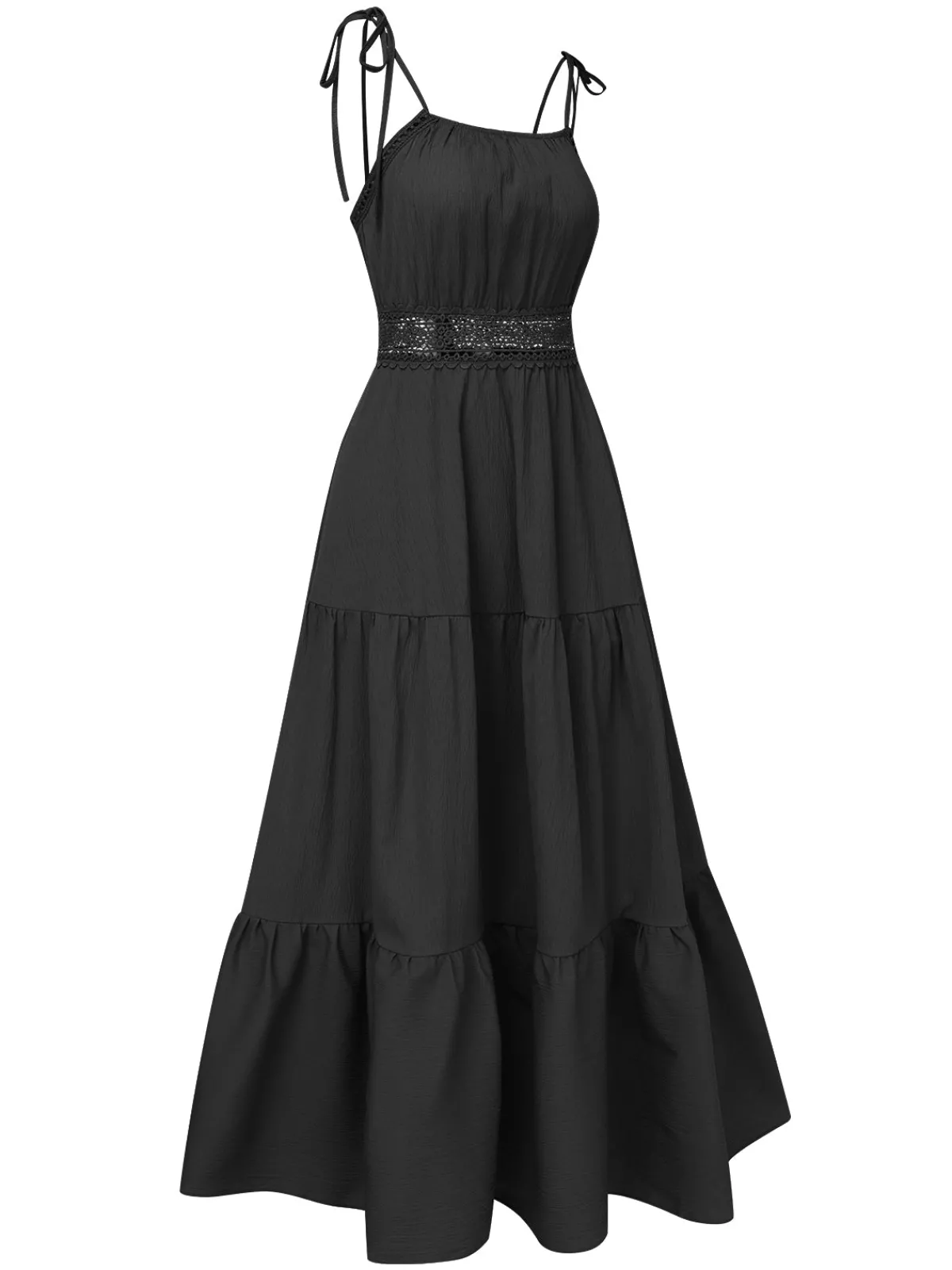 Online Retro Stage 1970s Solid Straps Ruffles Patchwork Dress