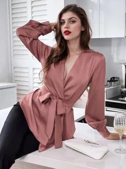 Online Retro Stage 1940s Solid Surplice V-Neck Silky Blouse