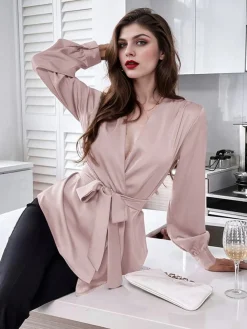 Online Retro Stage 1940s Solid Surplice V-Neck Silky Blouse