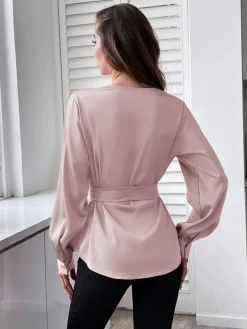 Online Retro Stage 1940s Solid Surplice V-Neck Silky Blouse
