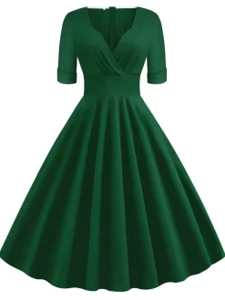 Best Retro Stage 1950s Solid Sweetheart Fold Swing Dress