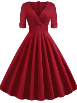 Best Retro Stage 1950s Solid Sweetheart Fold Swing Dress