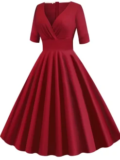 Online Retro Stage 1950s Solid Sweetheart Fold Swing Dress