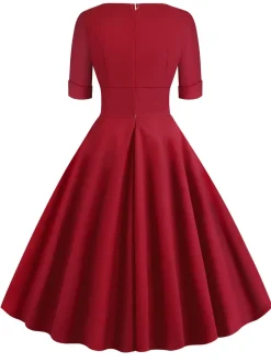 Online Retro Stage 1950s Solid Sweetheart Fold Swing Dress