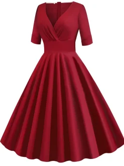 Clearance Retro Stage 1950s Solid Sweetheart Fold Swing Dress