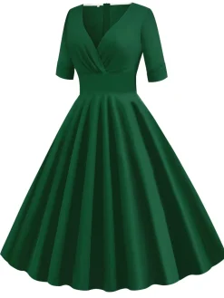 Best Retro Stage 1950s Solid Sweetheart Fold Swing Dress