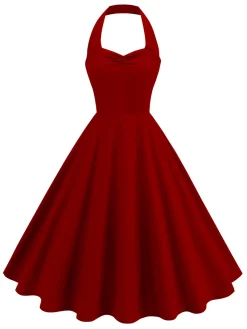 Best Retro Stage 1950s Solid Sweetheart Neck Halter Dress