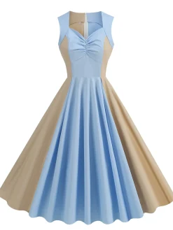 Hot Retro Stage 1950s Solid Sweetheart Neck Patchwork Dress