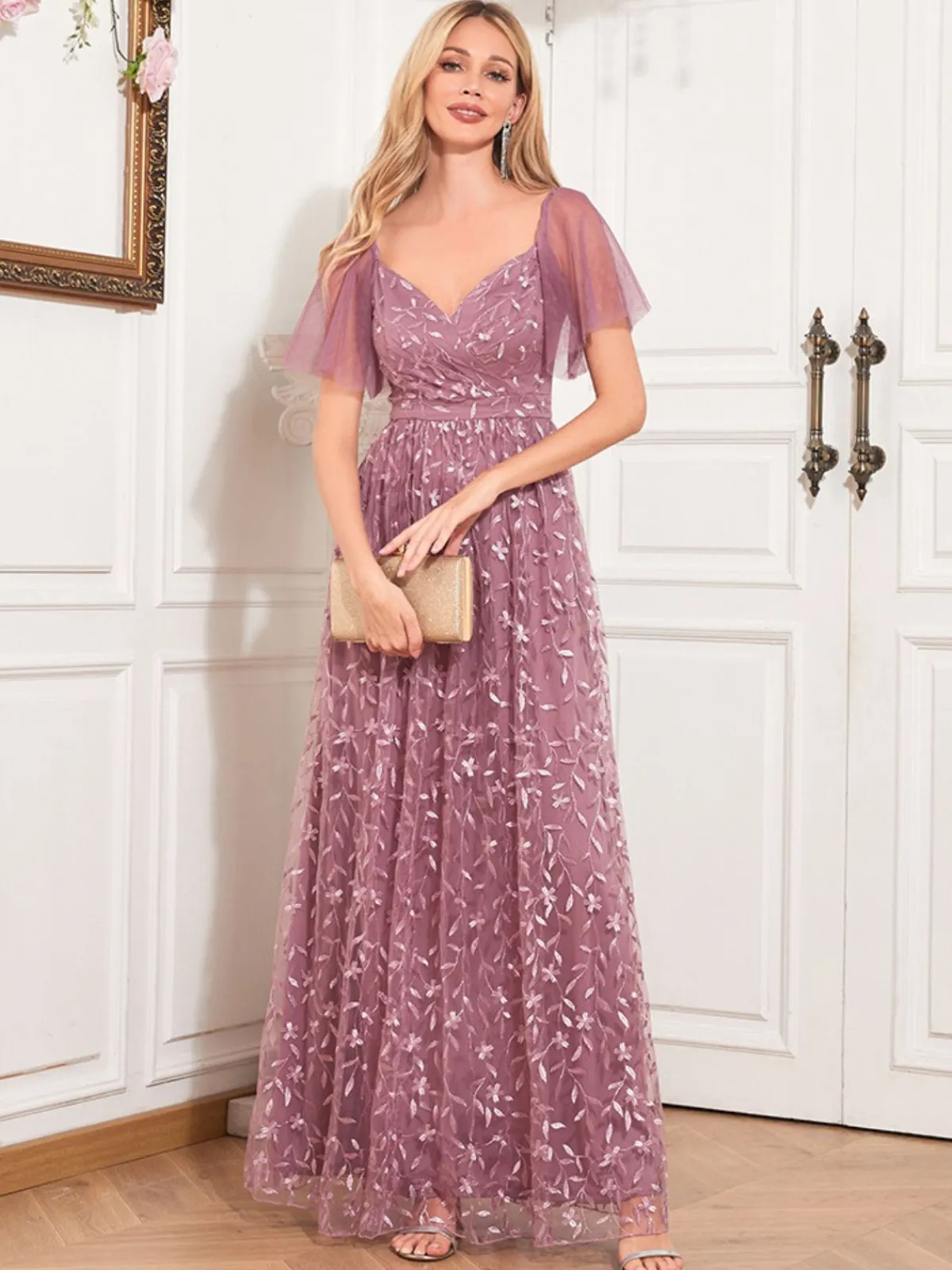 Fashion Retro Stage 1920s Solid Sweetheart Neckline Embroidered Long Dress Pink