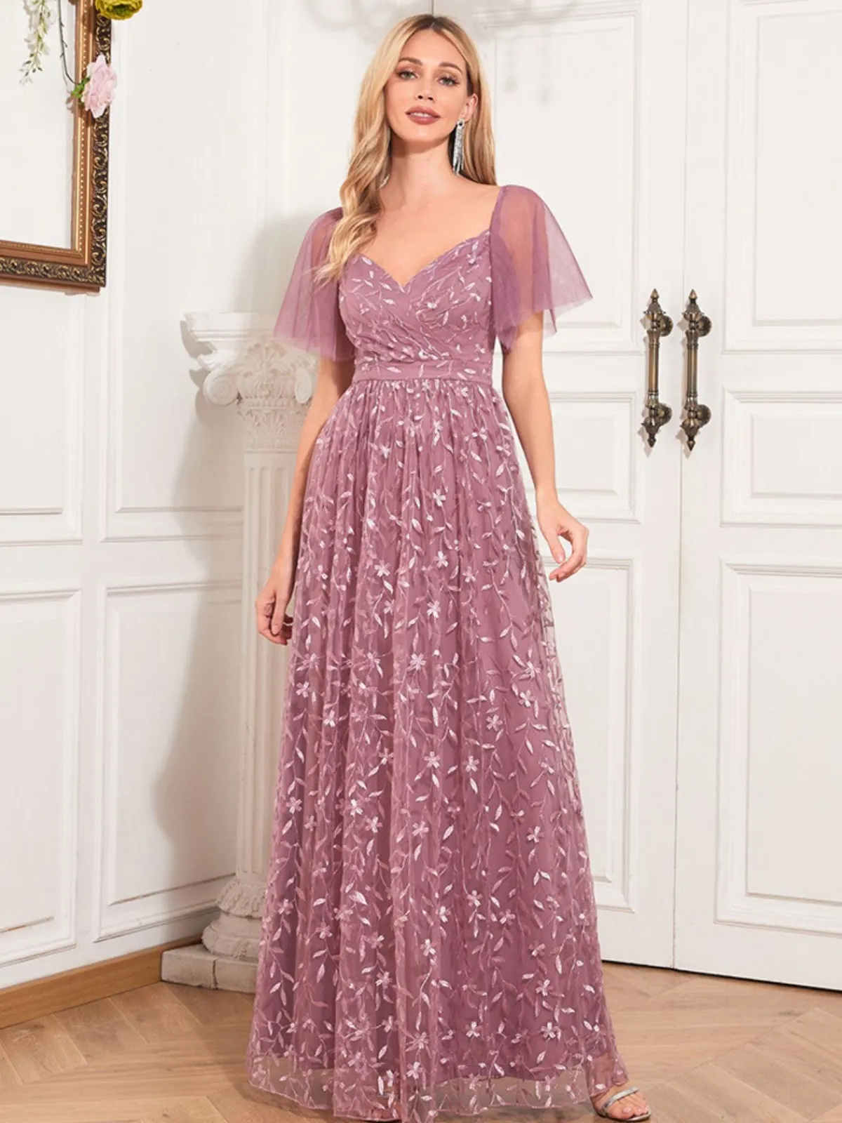 Fashion Retro Stage 1920s Solid Sweetheart Neckline Embroidered Long Dress Pink