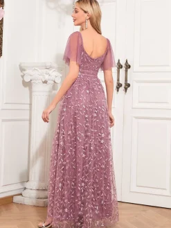 Fashion Retro Stage 1920s Solid Sweetheart Neckline Embroidered Long Dress Pink