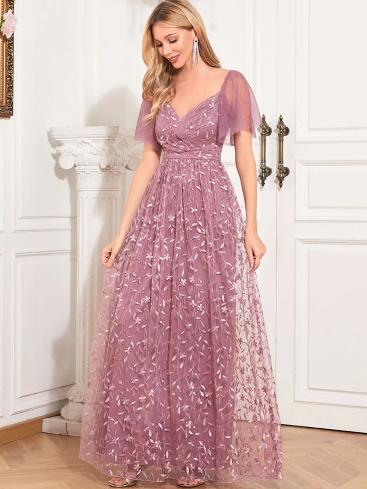 Fashion Retro Stage 1920s Solid Sweetheart Neckline Embroidered Long Dress Pink