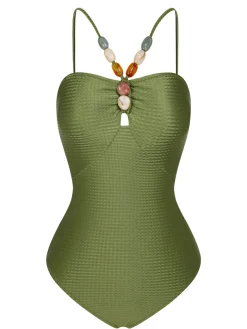 Outlet Retro Stage 1960s Solid Textured Bandeau Halter Swimsuit
