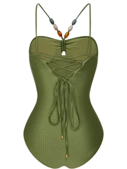 Outlet Retro Stage 1960s Solid Textured Bandeau Halter Swimsuit