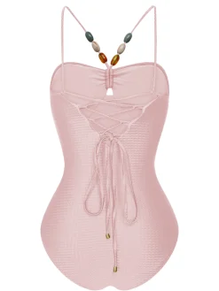 Outlet Retro Stage 1960s Solid Textured Bandeau Halter Swimsuit