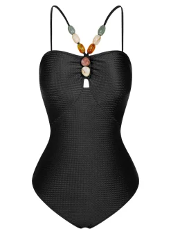 Outlet Retro Stage 1960s Solid Textured Bandeau Halter Swimsuit