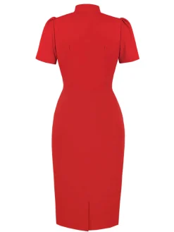 Best Retro Stage 1960s Solid Tie Collar Pencil Dress