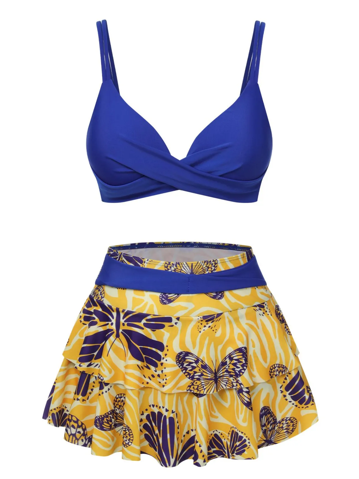 Sale Retro Stage 1950s Solid Top & Double Layer Printing Swimsuit