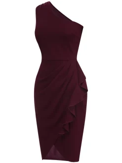 Fashion Retro Stage 1960s Solid Tulip Hem Ruffle One-Shoulder Dress