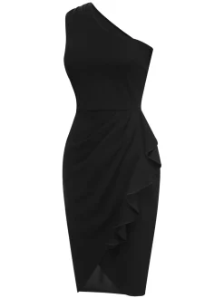 Fashion Retro Stage 1960s Solid Tulip Hem Ruffle One-Shoulder Dress