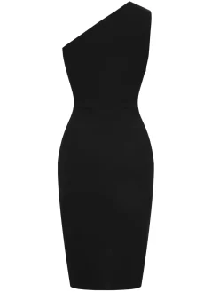 Fashion Retro Stage 1960s Solid Tulip Hem Ruffle One-Shoulder Dress
